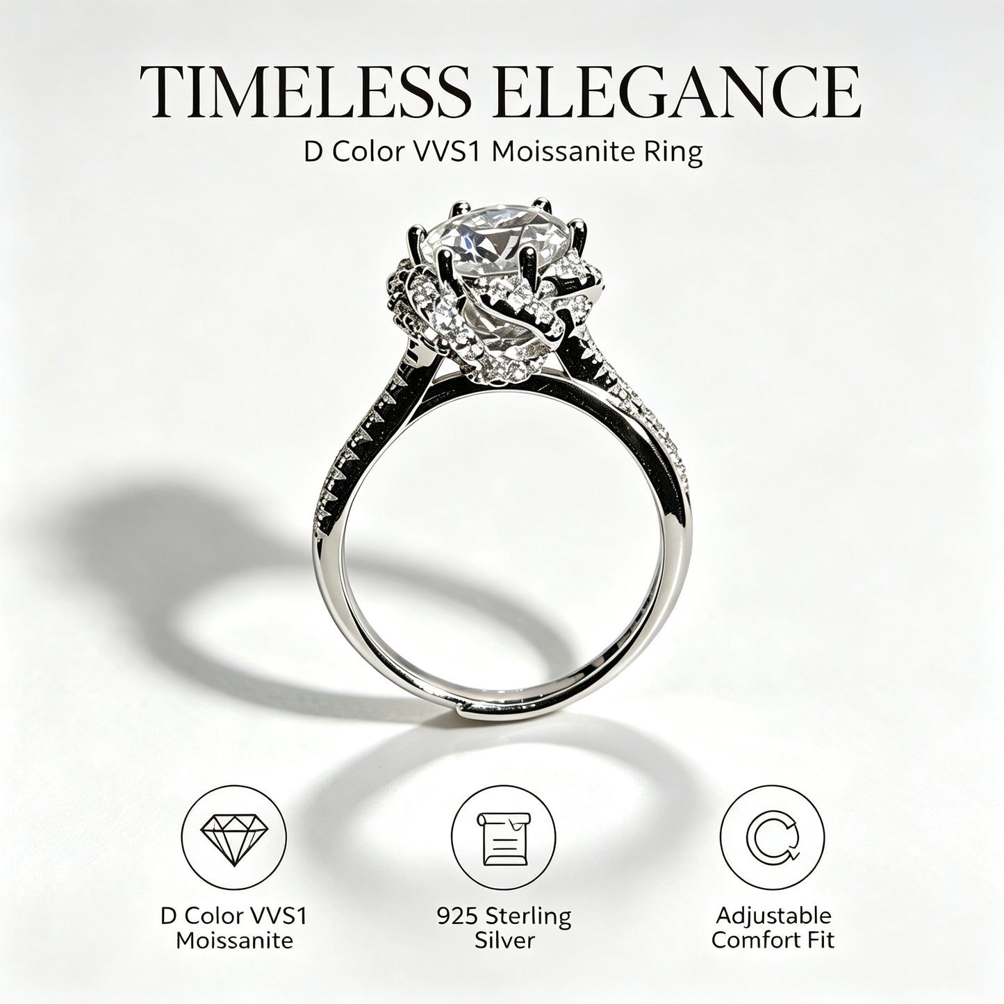 2 Carat D‑Color VVS1 Moissanite Adjustable Ring, 925 Sterling Silver Women’s Statement Ring