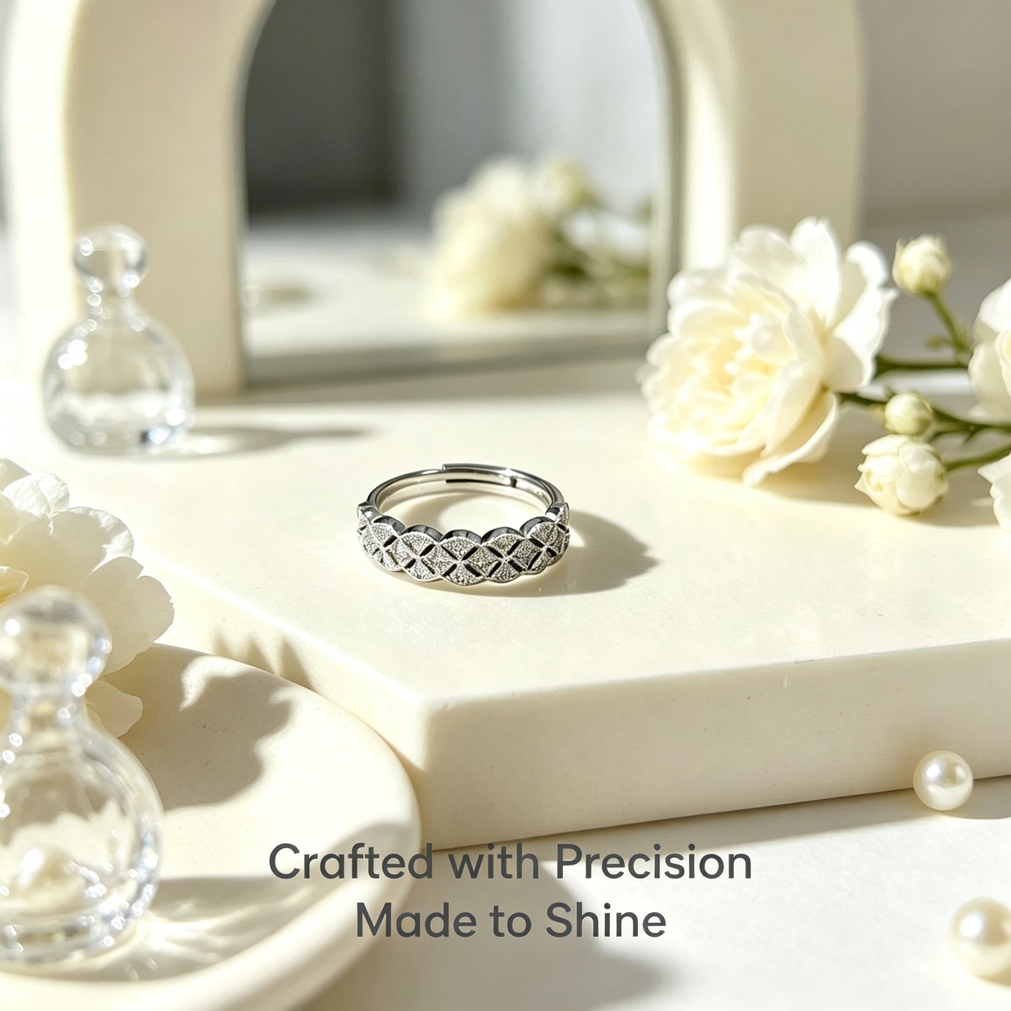 Quilted Rhombus Paved D‑Color VVS1 Moissanite Adjustable Ring, 925 Sterling Silver Women’s Eternity Band