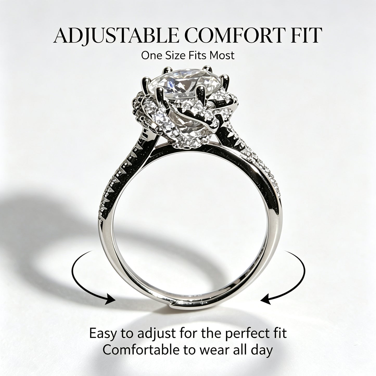 2 Carat D‑Color VVS1 Moissanite Adjustable Ring, 925 Sterling Silver Women’s Statement Ring