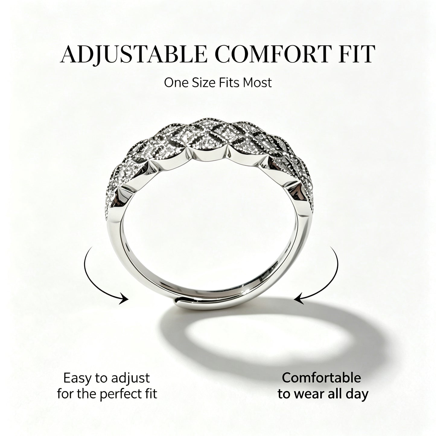 Quilted Rhombus Paved D‑Color VVS1 Moissanite Adjustable Ring, 925 Sterling Silver Women’s Eternity Band