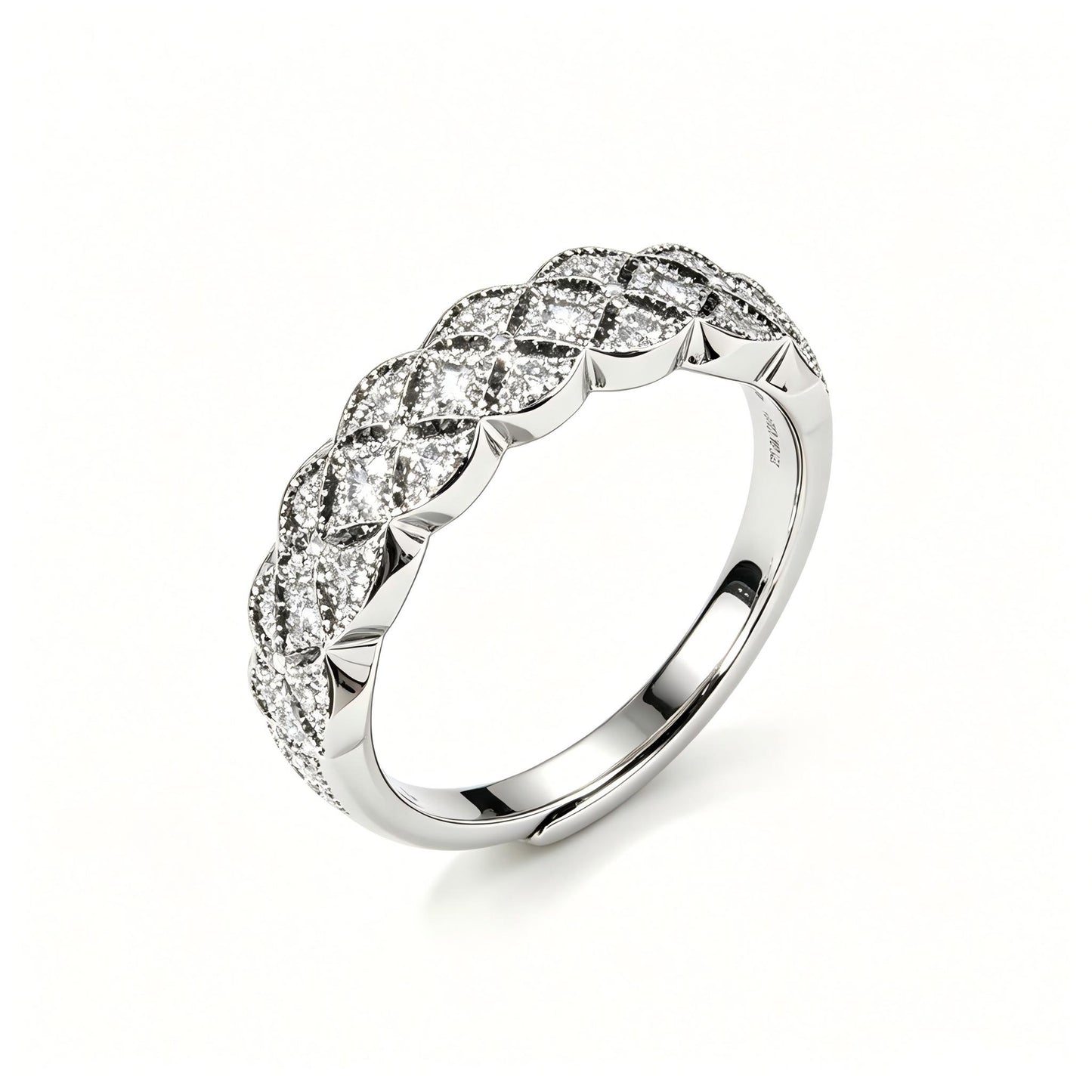 Quilted Rhombus Paved D‑Color VVS1 Moissanite Adjustable Ring, 925 Sterling Silver Women’s Eternity Band