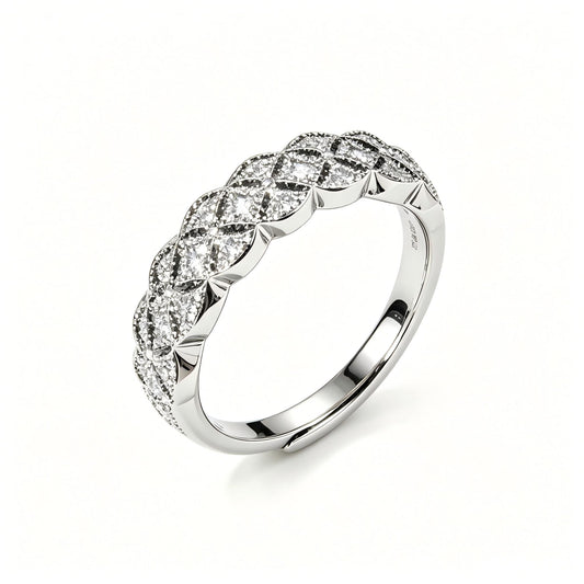 Quilted Rhombus Paved D‑Color VVS1 Moissanite Adjustable Ring, 925 Sterling Silver Women’s Eternity Band