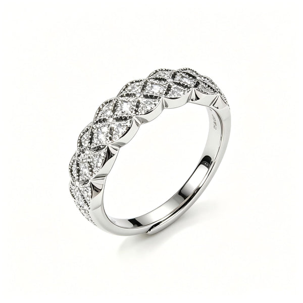 Quilted Rhombus Paved D‑Color VVS1 Moissanite Adjustable Ring, 925 Sterling Silver Women’s Eternity Band