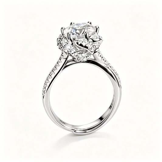 2 Carat D‑Color VVS1 Moissanite Adjustable Ring, 925 Sterling Silver Women’s Statement Ring