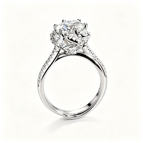 2 Carat D‑Color VVS1 Moissanite Adjustable Ring, 925 Sterling Silver Women’s Statement Ring