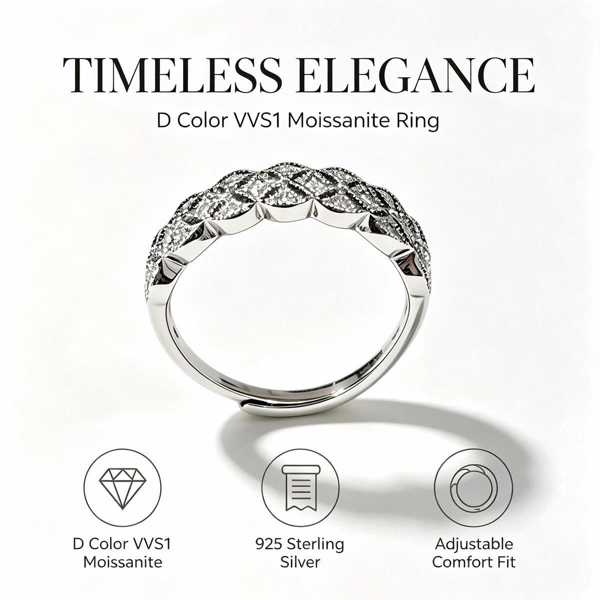 Quilted Rhombus Paved D‑Color VVS1 Moissanite Adjustable Ring, 925 Sterling Silver Women’s Eternity Band