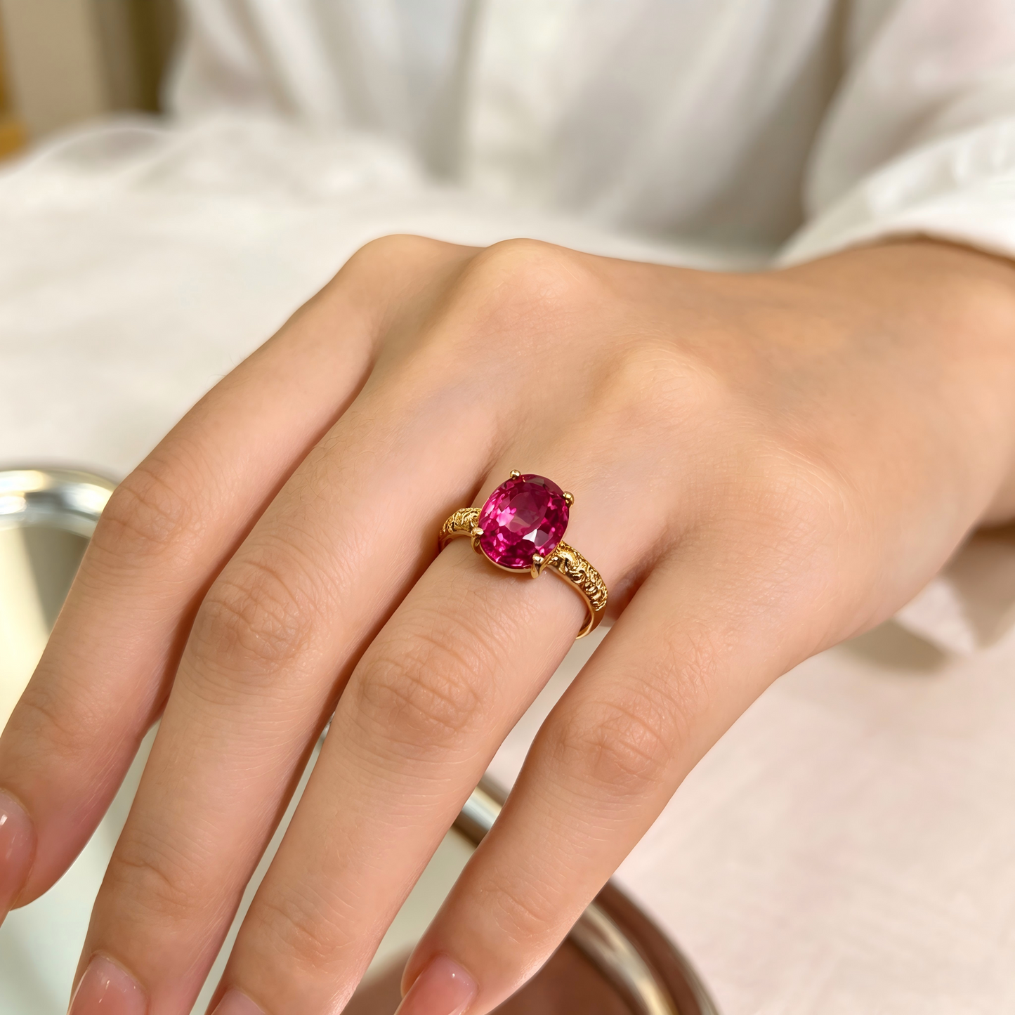 5 Carat Oval Lab Created Purple Blue Sapphire Statement Ring with Gemstone Certificate, Vintage Textured Band Women’s Cocktail Ring