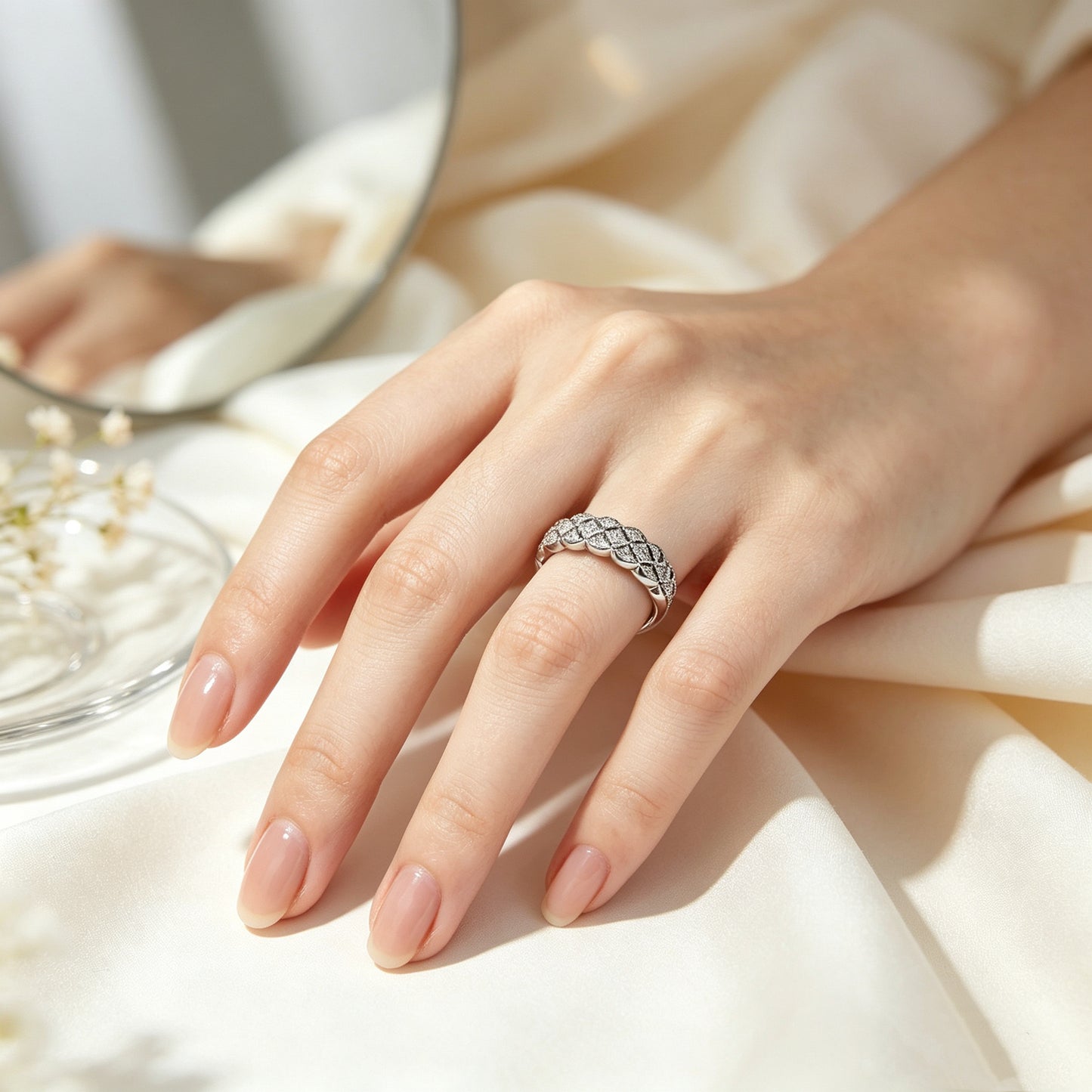 Quilted Rhombus Paved D‑Color VVS1 Moissanite Adjustable Ring, 925 Sterling Silver Women’s Eternity Band